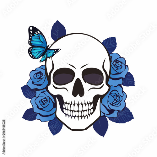 Skull with Blue Roses and Butterfly