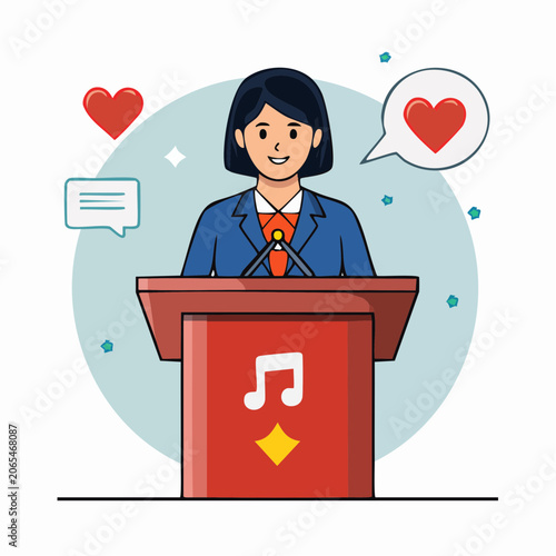 Woman Speaking at Podium with Hearts and Music Note