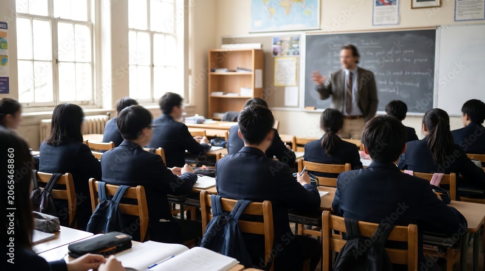 Obraz premium Teacher standing in front of blackboard giving lesson to class of students in uniform sitting at desks in traditional school classroom with natural window light