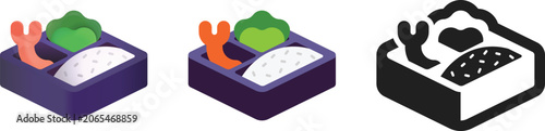 Bento Box Icons Set. Gradient, Flat, Outline. Japanese Lunch Design, Sushi Rice Food Graphics, Healthy Meal Illustration. Mobile App Interface, Web Design, School Children Food Delivery and Restaurant