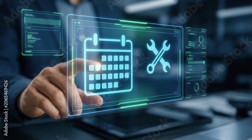 Digital calendar interface shows technical maintenance support service with automation workflow for system management and repair