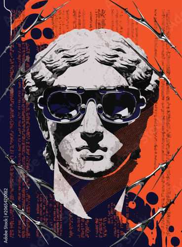 Avant Garde Cyberpunk Poster Design with Classical Greek Statue Bust Wearing Futuristic Glasses