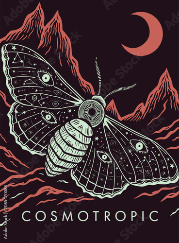 Cosmotropic Celestial Moth Typography Poster with All Seeing Eye and Retro Woodcut Mountains