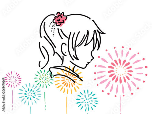 カラフルな花火と浴衣の女性の夏祭りイラスト／ベクター素材