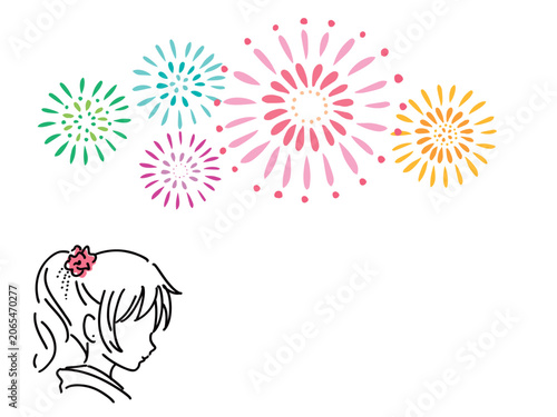 カラフルな花火と浴衣の女性の夏祭りイラスト／ベクター素材