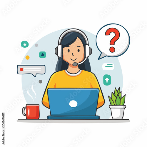 Customer Support Agent with Laptop and Question Mark