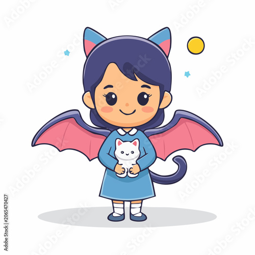 Cute Bat Girl Holding White Kitten