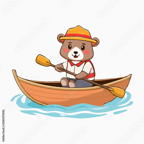 Cute cartoon bear paddling a canoe