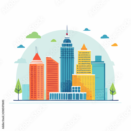 Modern Cityscape Illustration with Colorful Skyscrapers and Clouds
