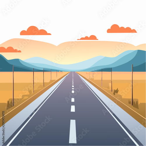 Straight Highway Leading to Distant Mountains at Sunset