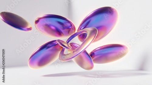Surreal purple and pink metallic shapes floating in air