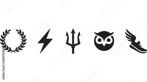 Schilderij op canvas Symbol collection features a laurel wreath, lightning bolt, trident, owl, and winged shoe in a clean line-up