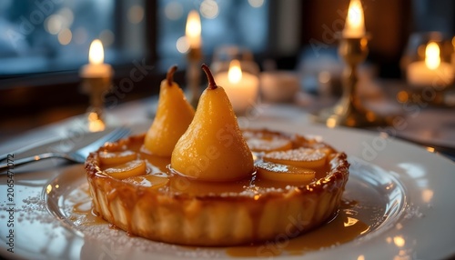 Pear tart with caramel glaze, fine dining dessert styling