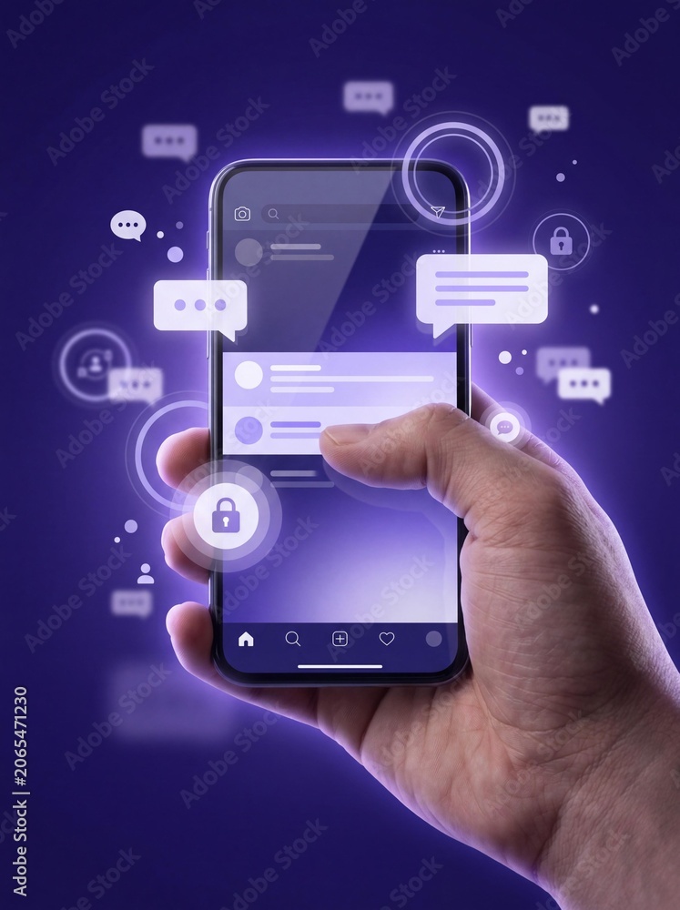 Fototapeta premium Hand holding smartphone with chat icons and secure lock symbols floating around