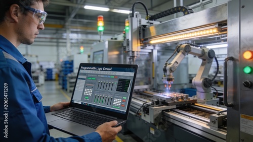 Professional worker of modern factory using laptop controlling program to automatic machinery. Engineering with laptop Programmable Logic Controller to manage large machine working full automatic.