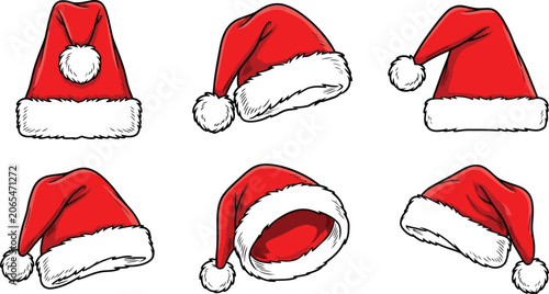 Christmas santa hats illustrations for holiday decorations and cards