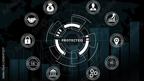 Cybersecurity data protection concept with digital hud interface and business global network security and financial privacy technology animation