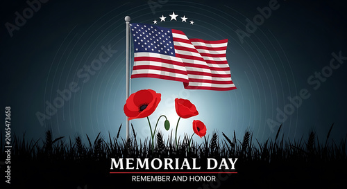 Memorial day background with american flag and red poppy flowers