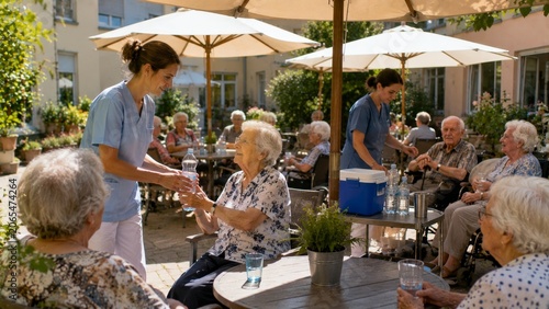 Senior Care Staff Providing Hydration and Heatwave Protection to Elderly Residents in Retirement Home Garden During Summer Heat