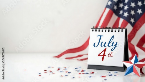 July 4th celebration with American flag and patriotic decorations on white background