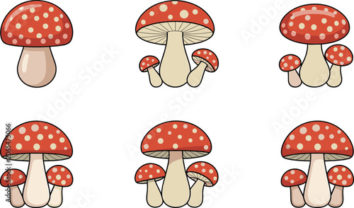 Canvastavla Flat Red Amanita Muscaria Fly Agaric Mushroom Vector Set with White Polka Dot Ca