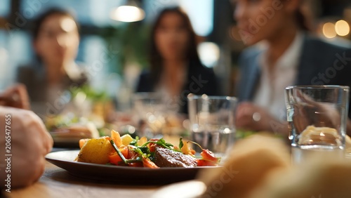Selective focus on a delicious gourmet meal served during a professional business networking dinner meeting with blurred corporate colleagues interacting in the restaurant background.