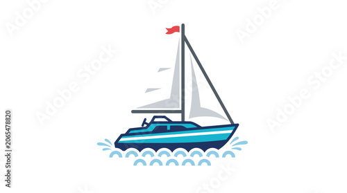 Blue sailboat with red flag sailing on water.