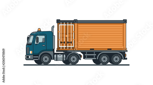 Blue Truck Carrying Orange Shipping Container Side View.