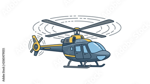 Cartoon helicopter in flight with spinning rotor blades.