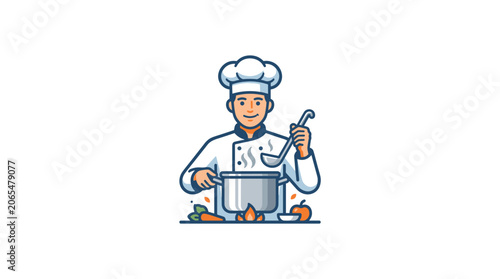 Chef Cooking Delicious Food in a Pot with Ladle.