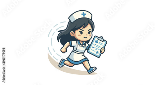 Cute Cartoon Nurse Running Fast with Clipboard.
