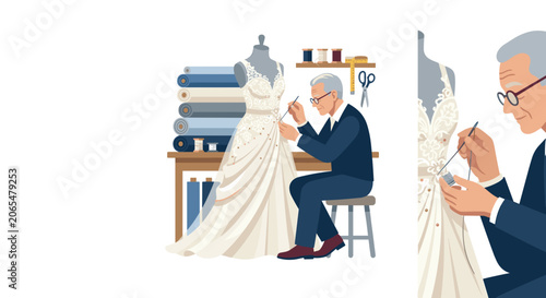 Elderly tailor meticulously sewing a wedding dress on a mannequin.