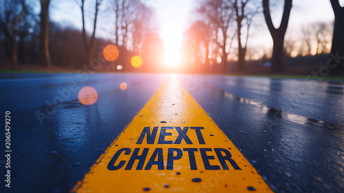 Next chapter text on road symbolizing new beginnings growth and future opportunities