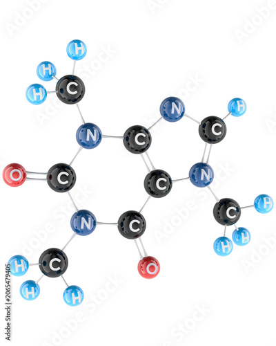 Caffeine molecule ball and stick model chemical structure, transparent background.