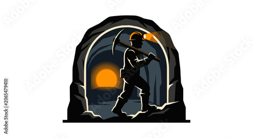 Miner with Pickaxe and Lamp in Dark Mine Entrance.