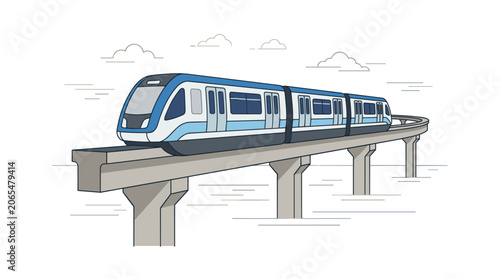 Modern Blue and White Train on Elevated Track.
