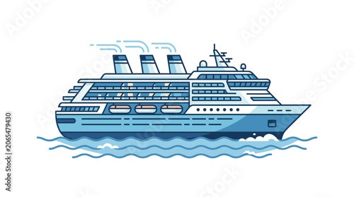 Modern cruise ship sailing on blue ocean waves with white background.