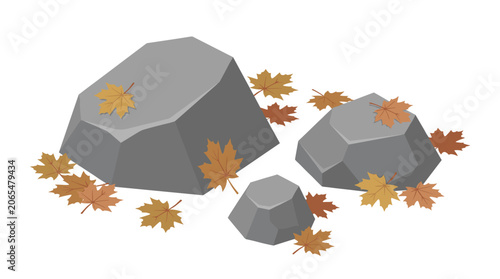 Grey isometric rocks surrounded by scattered fallen maple leaves on a white background for nature-themed landscape or park environment elements.