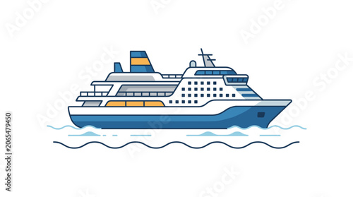 Modern cruise ship sailing on blue water illustration.