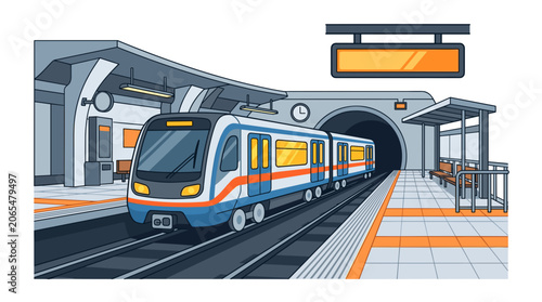 Modern Electric Train Arriving at a Subway Station Platform.