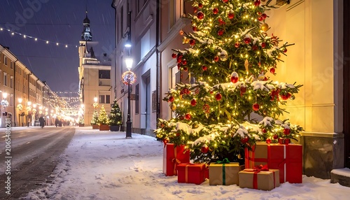 Snowy street with Christmas tree and presents at night