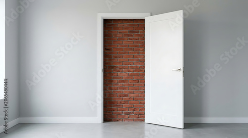 White Open Door Blocked by Red Brick Wall in Empty Room Representing Obstacle and Dead End