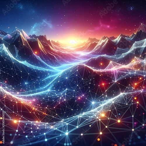 Vibrant cosmic landscape with glowing lines and stars (1)