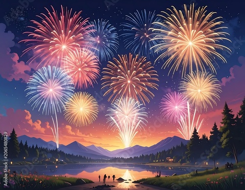 Vibrant fireworks exploding over serene lake at sunset (1)