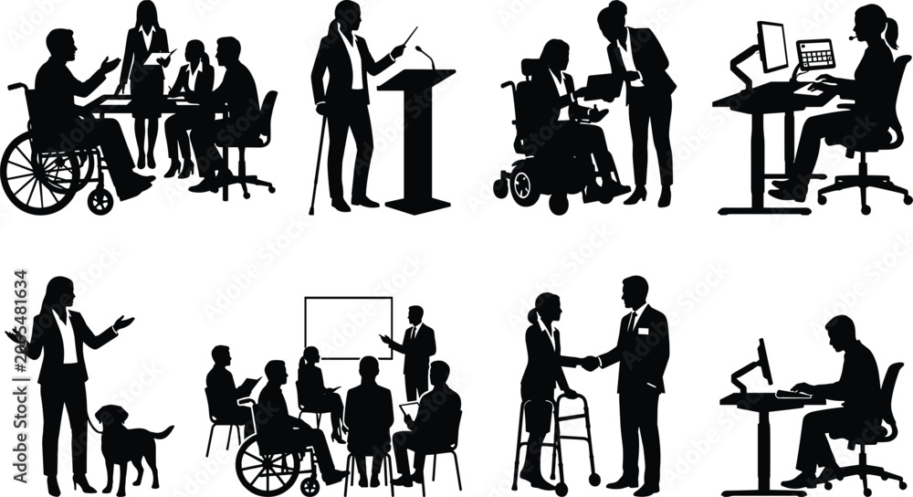 Obraz premium Black silhouettes of professionals with disabilities in workplace and training activities