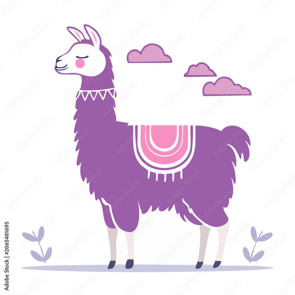 Fototapeta premium Cute purple llama illustration with clouds and plants