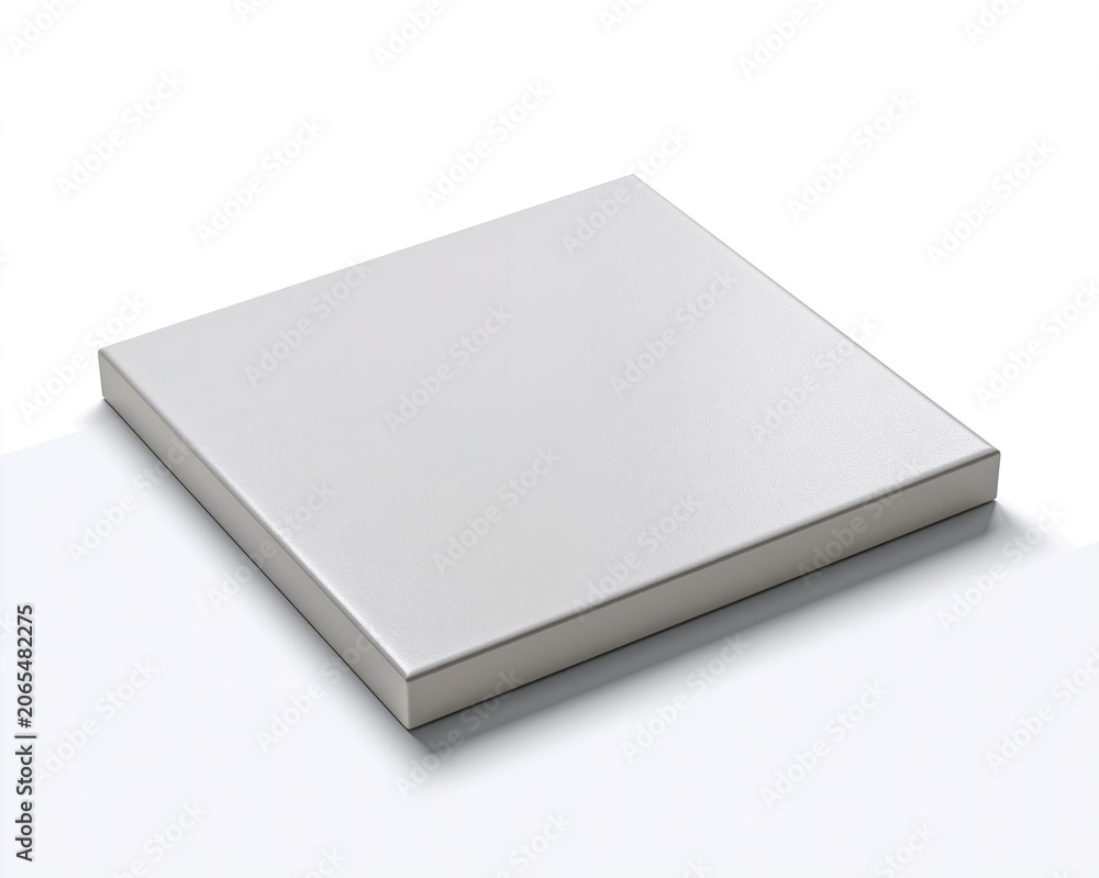 Fototapeta premium Square, metallic object with smooth surface, casting subtle shadow against white backdrop.