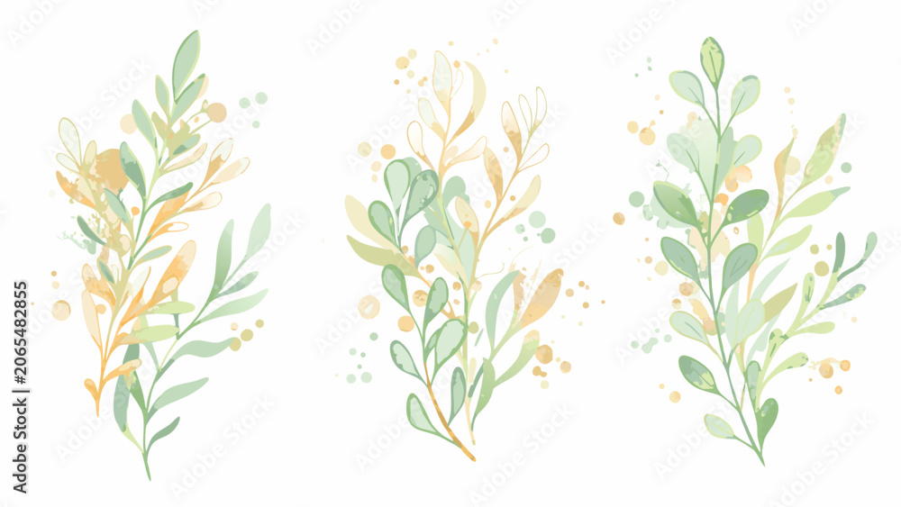Fototapeta premium Watercolor Plant Illustrations With Delicate Leaves And Soft Yellow Accents
