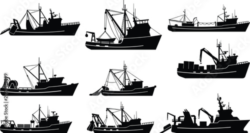 Foto Commercial Fishing Boat and Trawler Silhouette Set for Marine and Seafood Indust