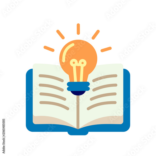 Open book with glowing light bulb flat vector illustration representing education, learning, creativity, innovation, knowledge, study, and academic inspiration.